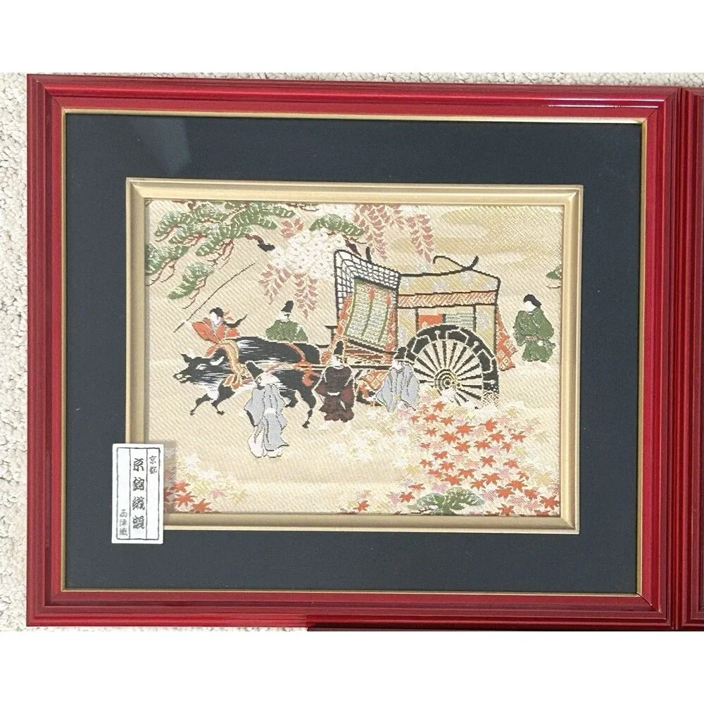 Set Of 3 Vintage Japanese Nishijin Silk Brocade Panel-Miyakoji Design-Framed